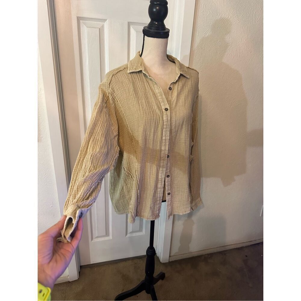 Easel Collared Cotton Long Sleeve Button Up Shirts Tan Size Small cover up - Picture 7 of 8